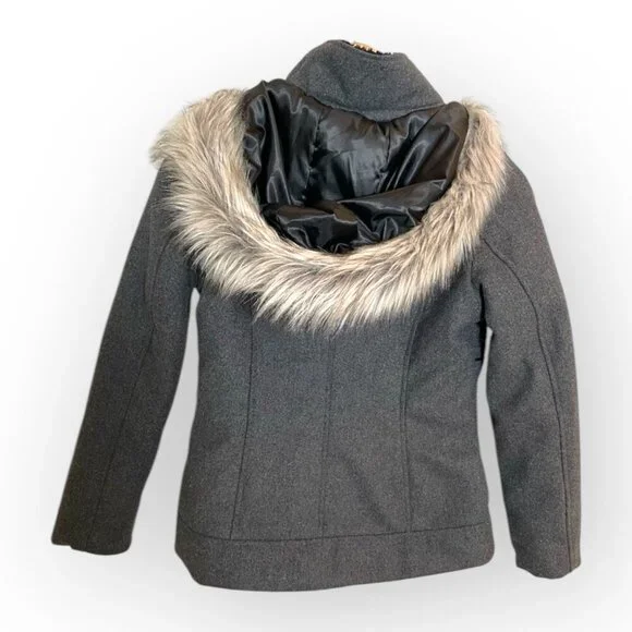 London Fog Jacket Faux Fur Hood Gray Coat Alpine Swiss Parka Size Girls Large 14 - Picture 2 of 16